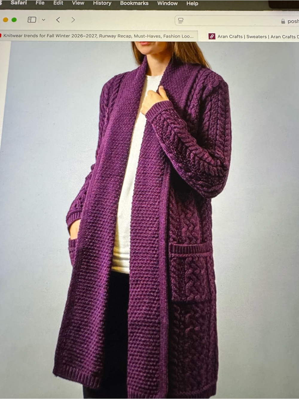 Aran Crafts Plum Cable Knit Open-Front Cardigan